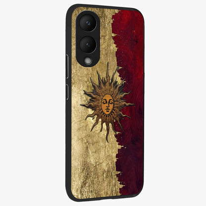 Crimson Sun Majesty Glass Case upright view showcasing vibrant sun artwork with powerful celestial theme.