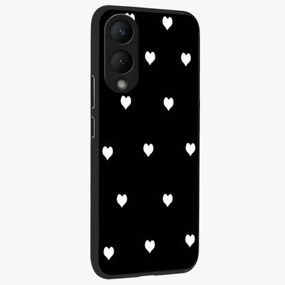 Cute And Simple White Hearts Glass Case upright view showcasing simple white hearts artwork with soft minimal theme.