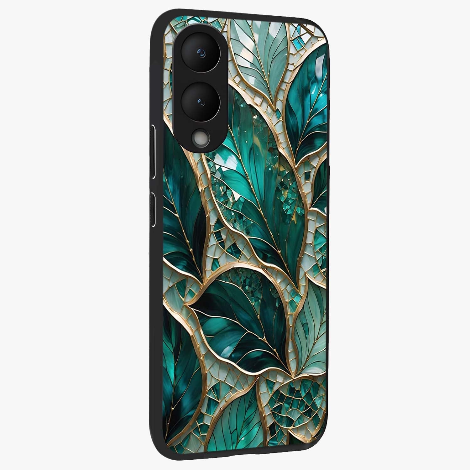 Emerald Leaf Glass Glass Case upright view showcasing fresh green leaf artwork with calming nature inspired style.