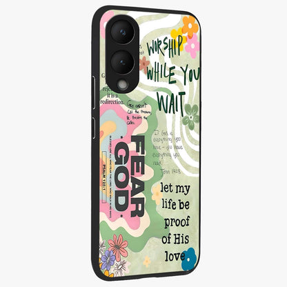 Faith Over Fear Glass Case upright view showcasing bold typography artwork with uplifting motivational theme.