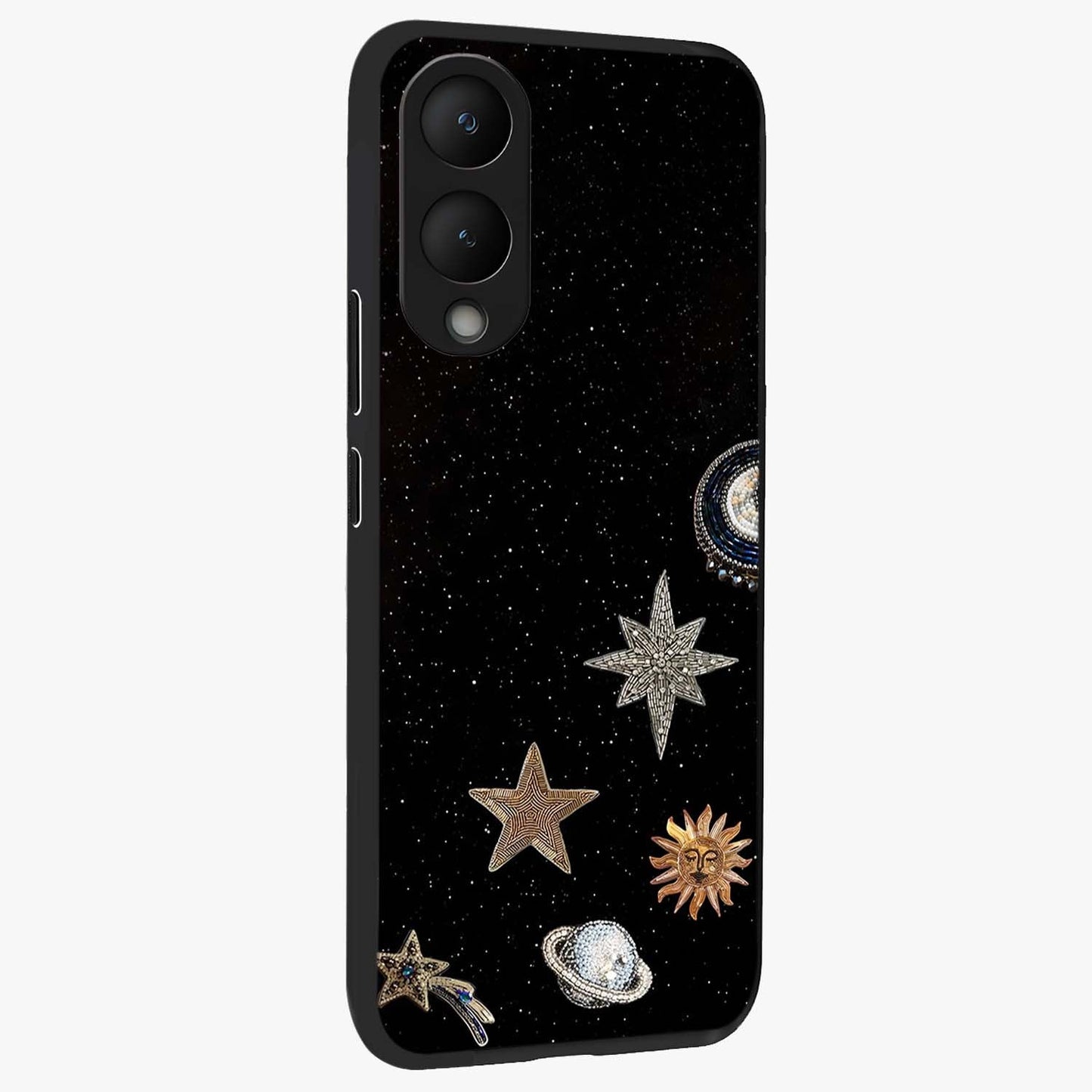 Galactic Charm Glow Glass Case upright view showcasing glowing cosmic charm artwork with magical celestial style.