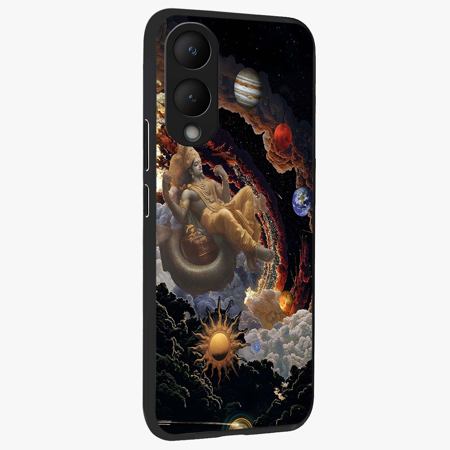 Galactic Divine God Glass Case upright view showcasing mystical divine artwork with dramatic cosmic theme.