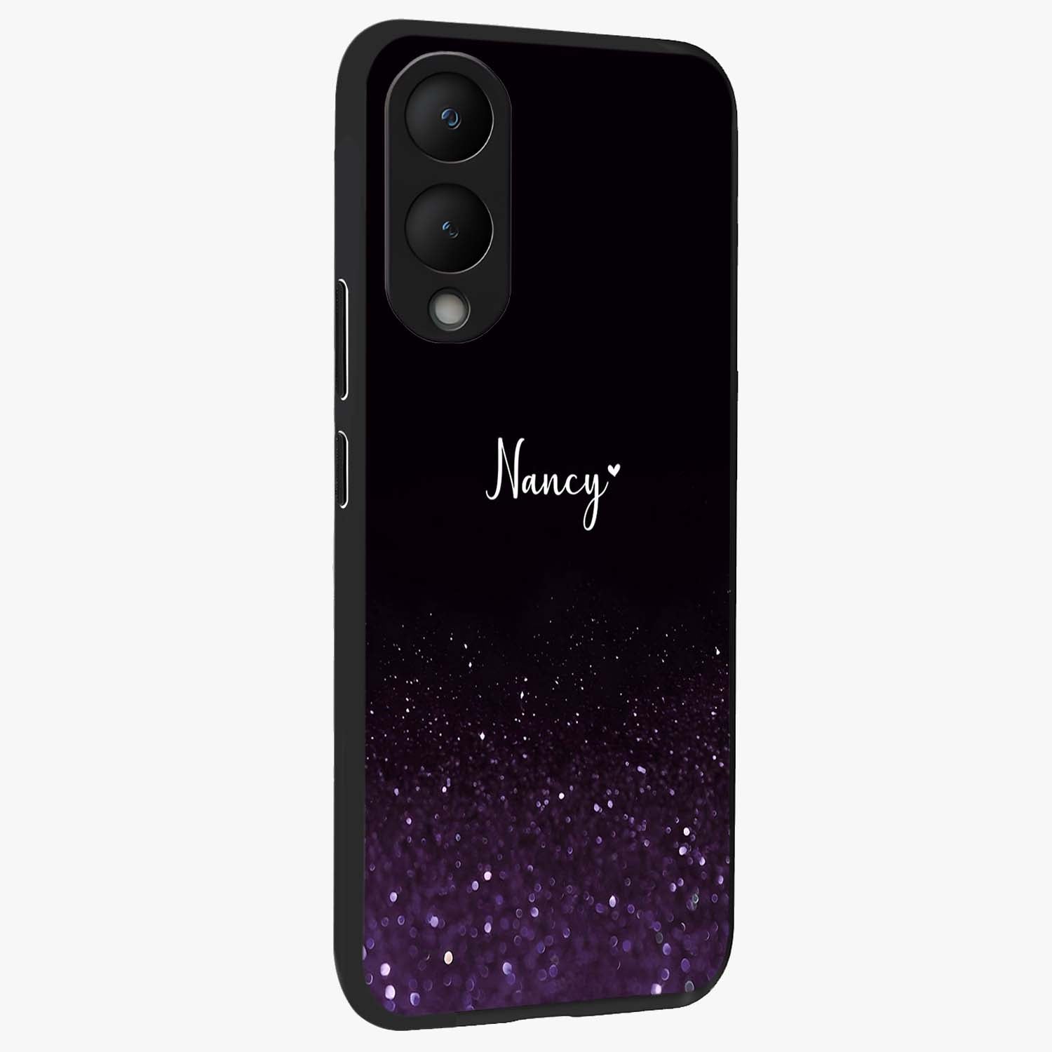 Glittery Purple Bokeh Custom Name Glass Case upright view showcasing vibrant purple sparkle artwork with personalized aesthetic style.