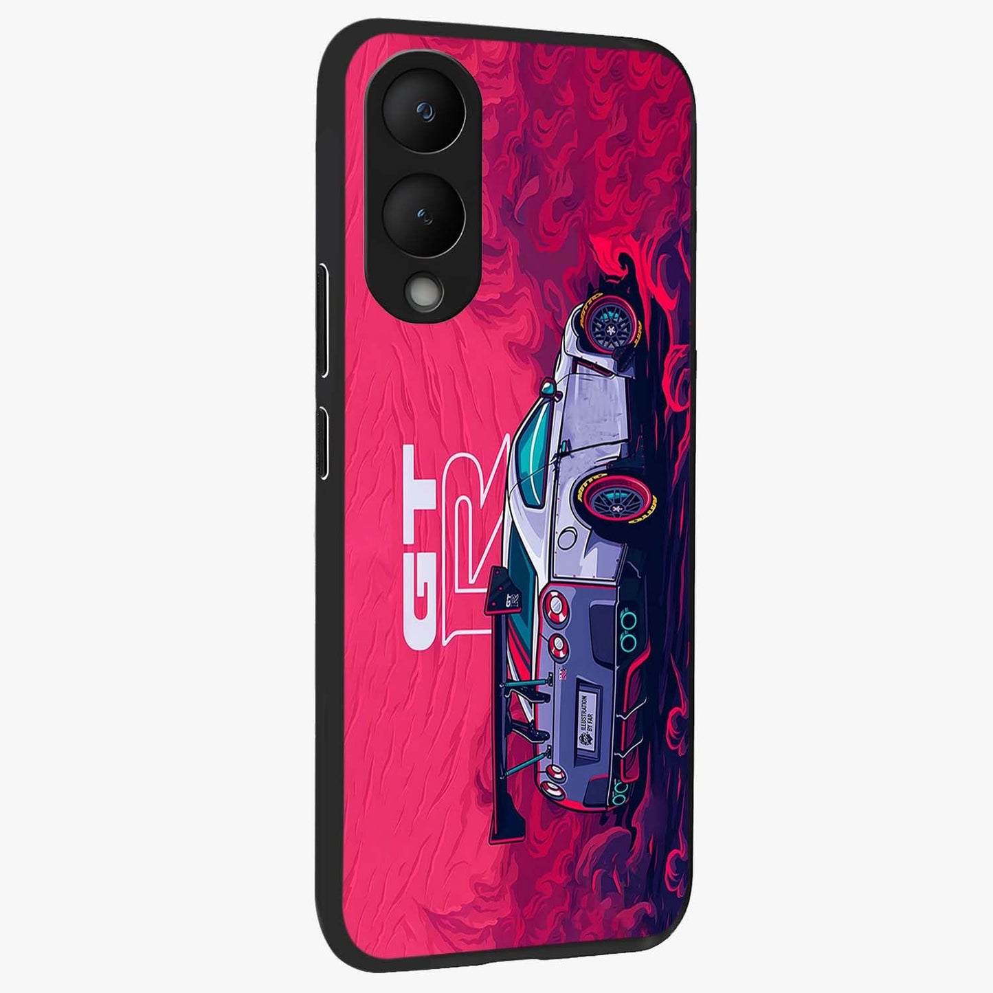 GT-R Car Pattern Glass Case upright view showcasing dynamic car pattern artwork with modern sports theme.