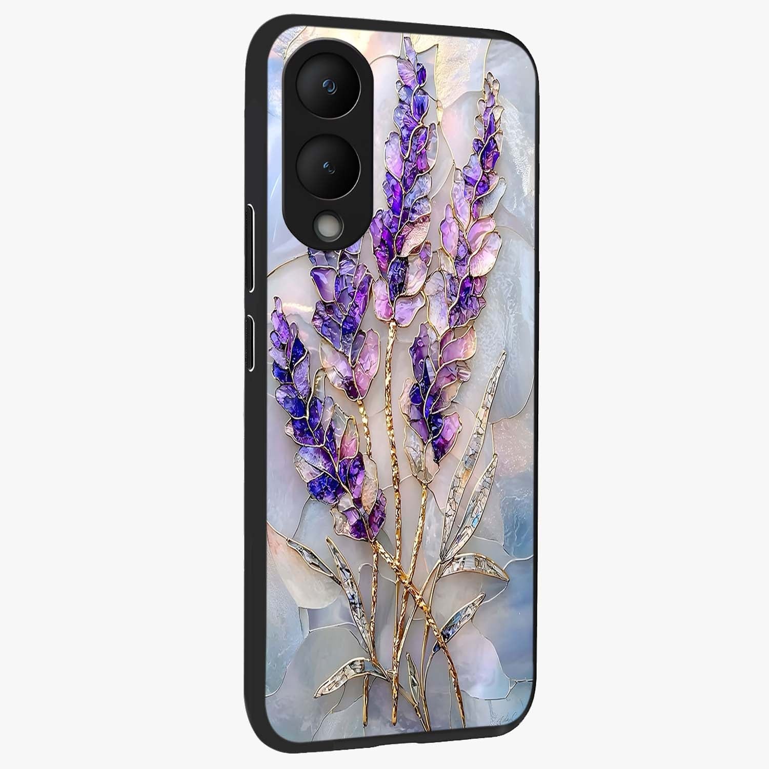 Lavender Dream Glow Glass Case upright view showcasing radiant lavender glow artwork with calming dreamy theme.