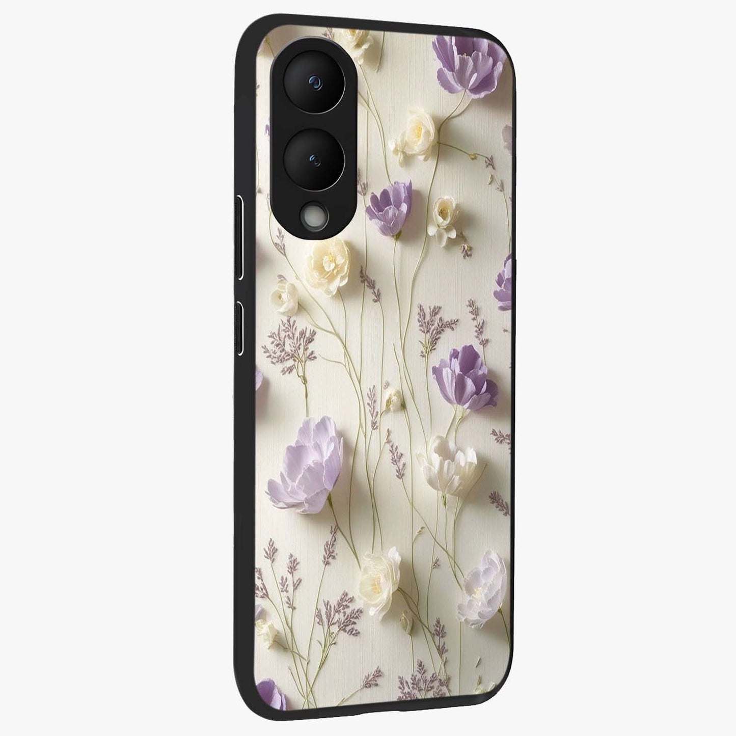 Lilac Breeze Harmony Glass Case upright view showcasing delicate lilac artwork with peaceful floral theme.