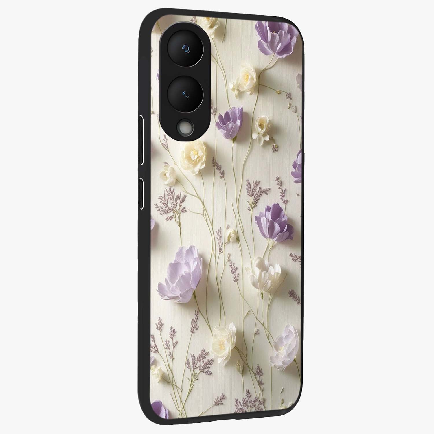 Lilac Breeze Harmony Glass Case upright view showcasing delicate lilac artwork with peaceful floral theme.