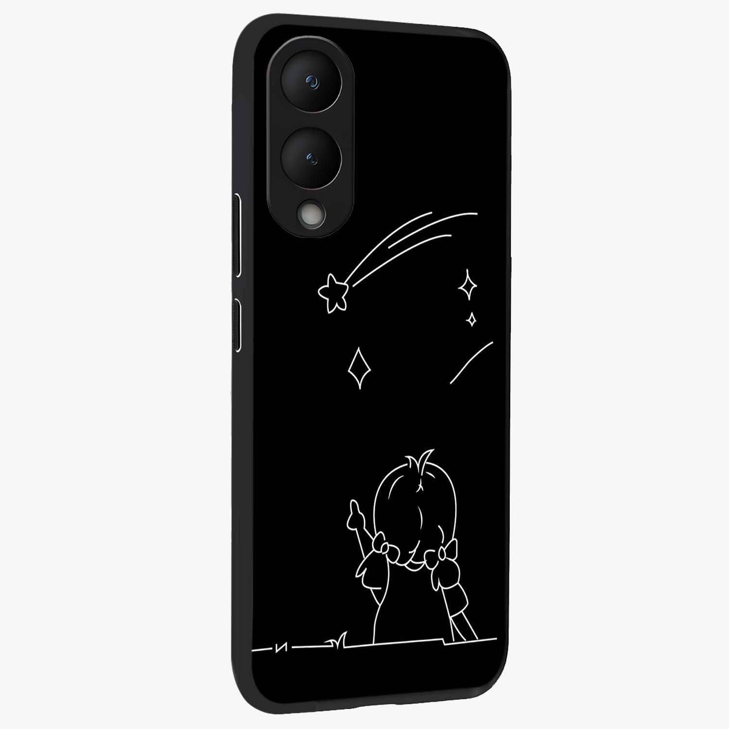 Line Art Girl With Shooting Stars Glass Case upright view showcasing delicate shooting stars artwork with minimal artistic theme.