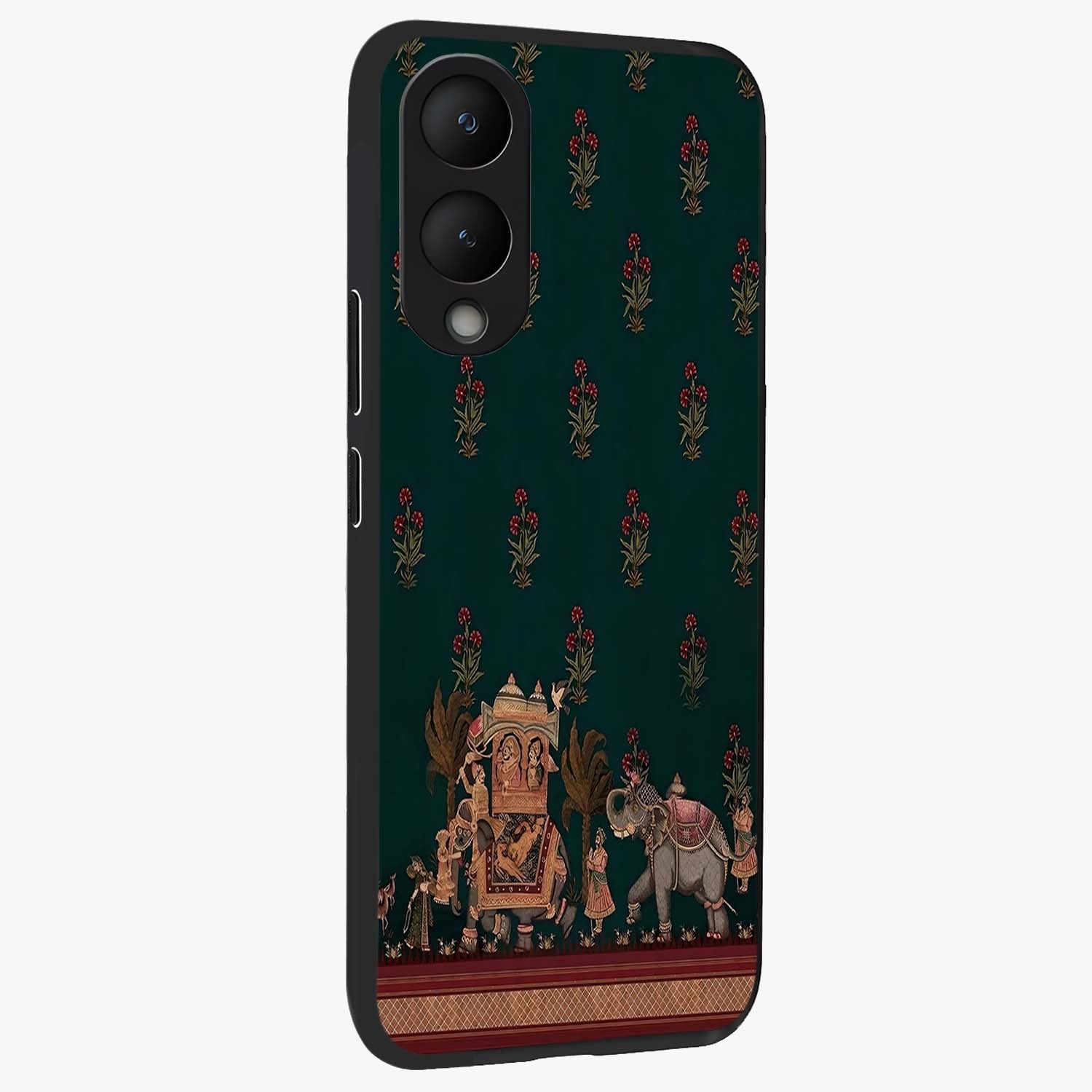 Macmerise Glass Case upright view showcasing bold artistic artwork with contemporary design theme.