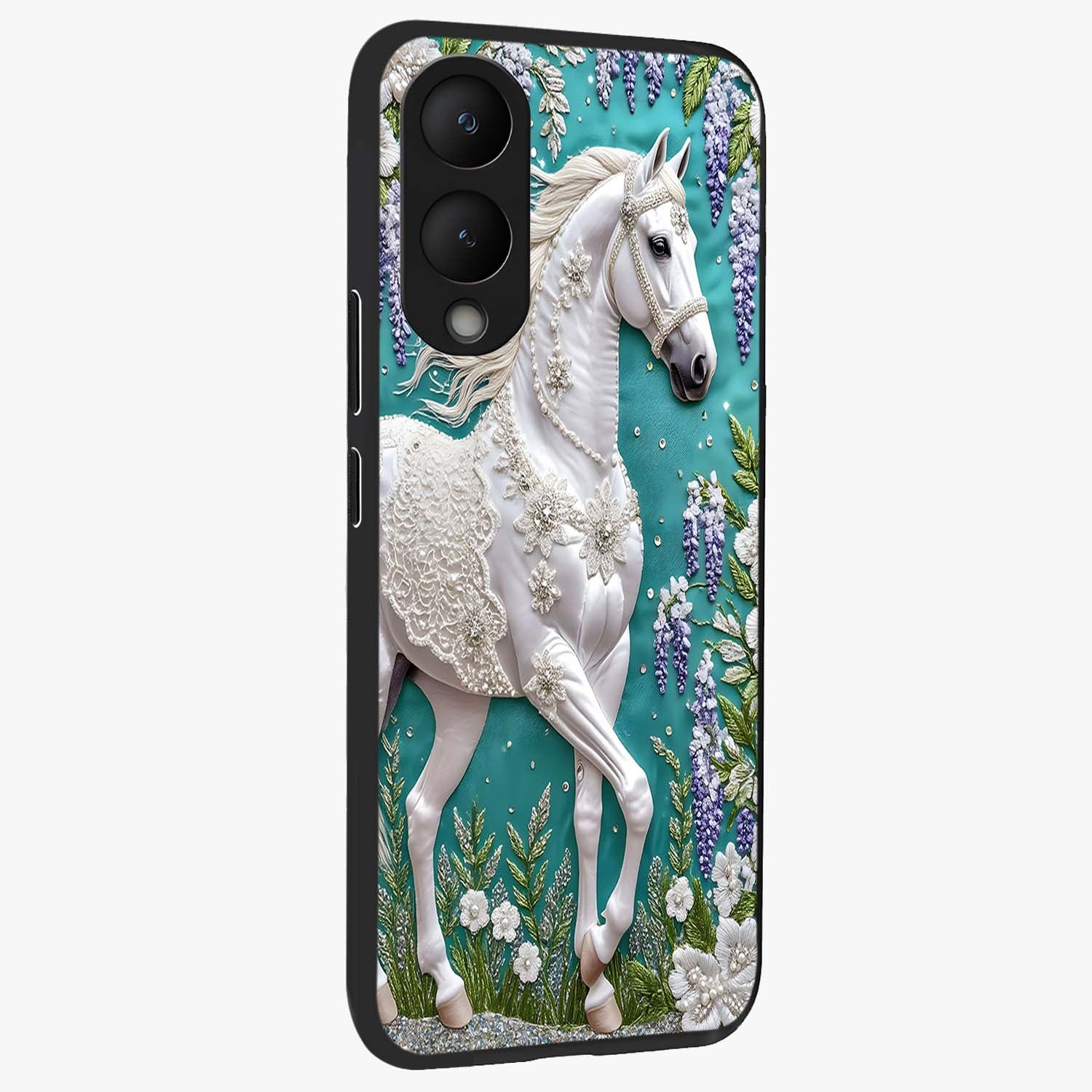 Majestic Floral Stallion Glass Case upright view showcasing dramatic horse artwork with decorative floral theme.