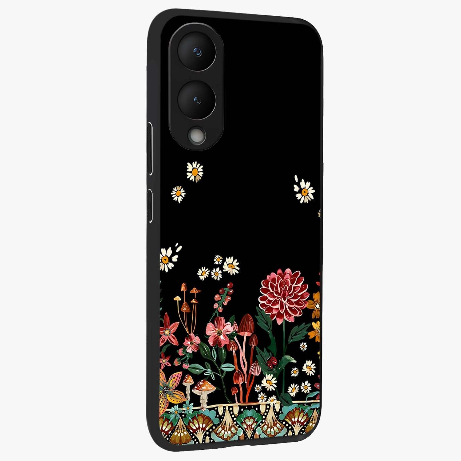 Midnight Bloom Pattern Glass Case upright view showcasing decorative floral artwork with deep night themed palette.