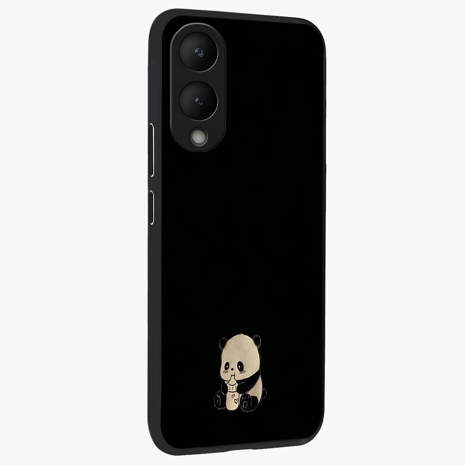 Midnight Panda Love Glass Case upright view showcasing charming panda artwork with playful romantic theme.