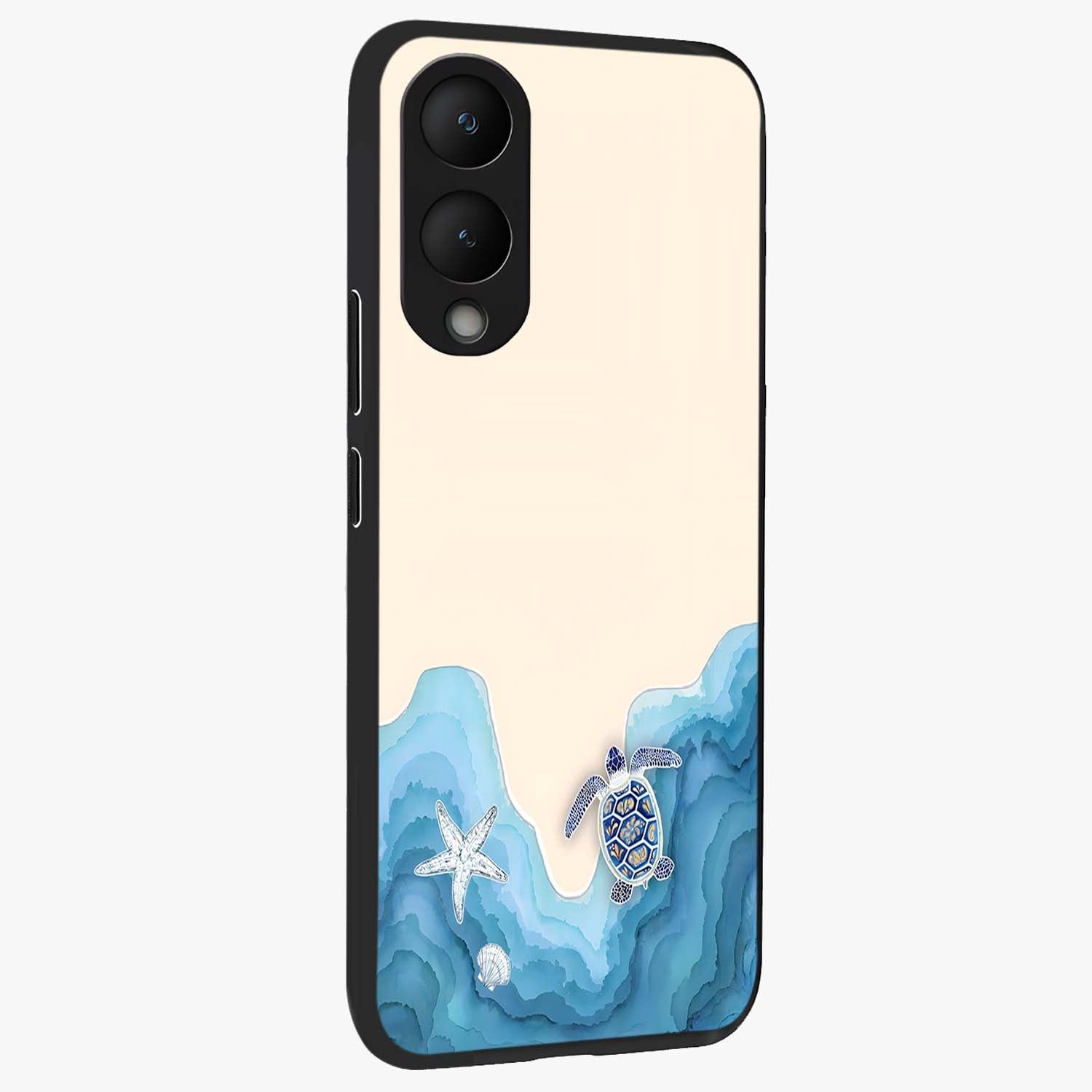 Ocean Drift Turtle Glass Case upright view showcasing calm underwater turtle artwork with nature inspired theme.