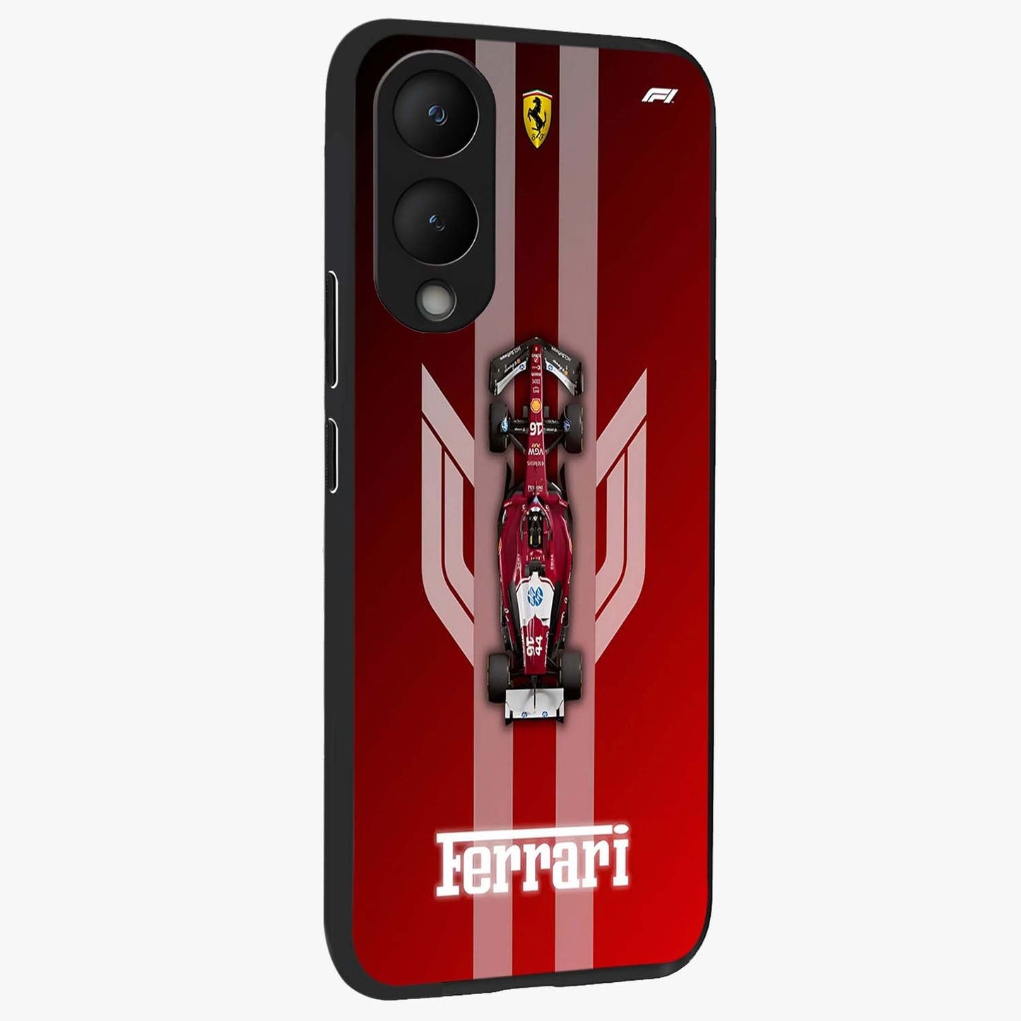 Red Ferrari F1 Vertical Glass Case upright view showcasing powerful Formula car artwork with dynamic motorsport theme.