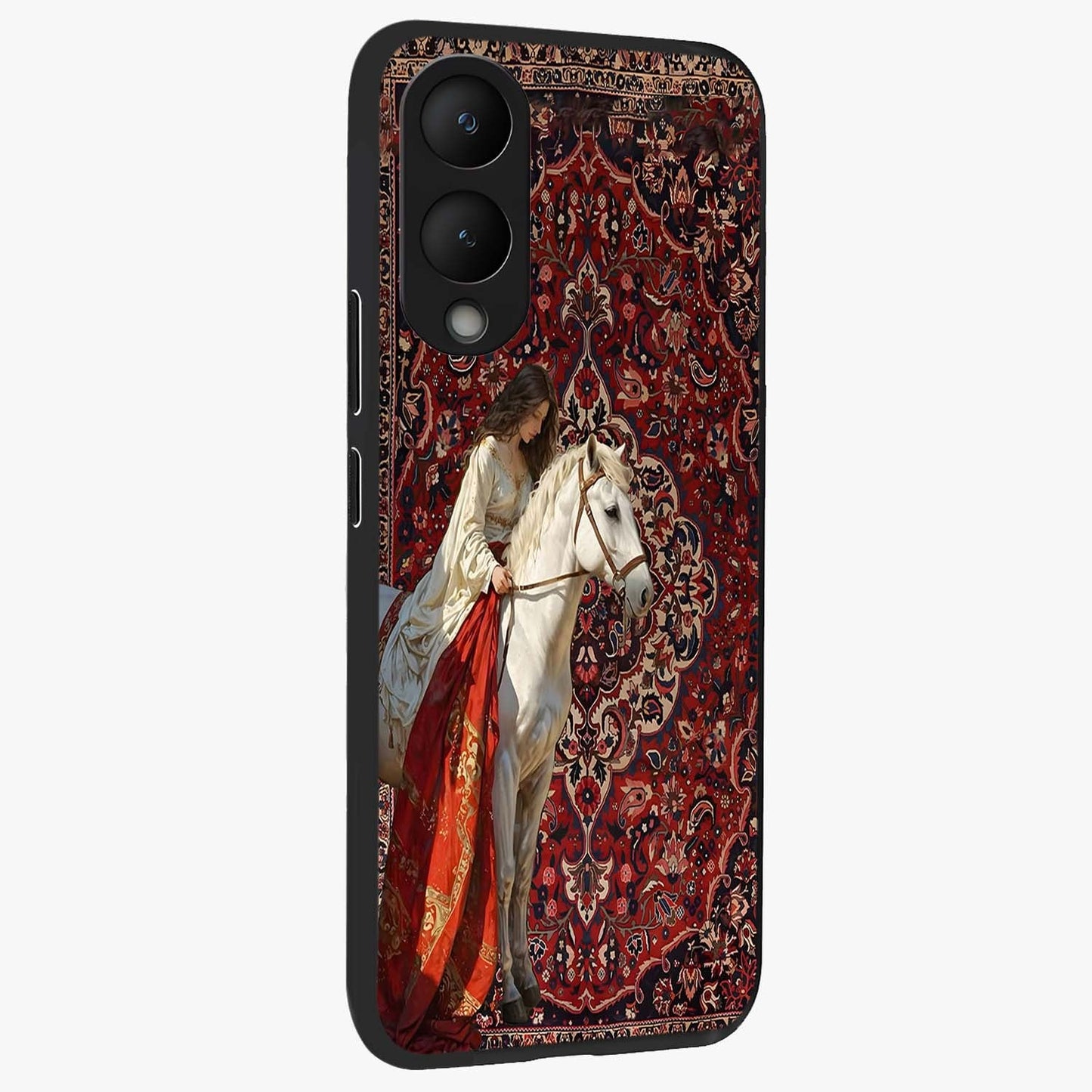 Royal Rider Tapestry Glass Case upright view showcasing detailed rider artwork with classic tapestry theme.