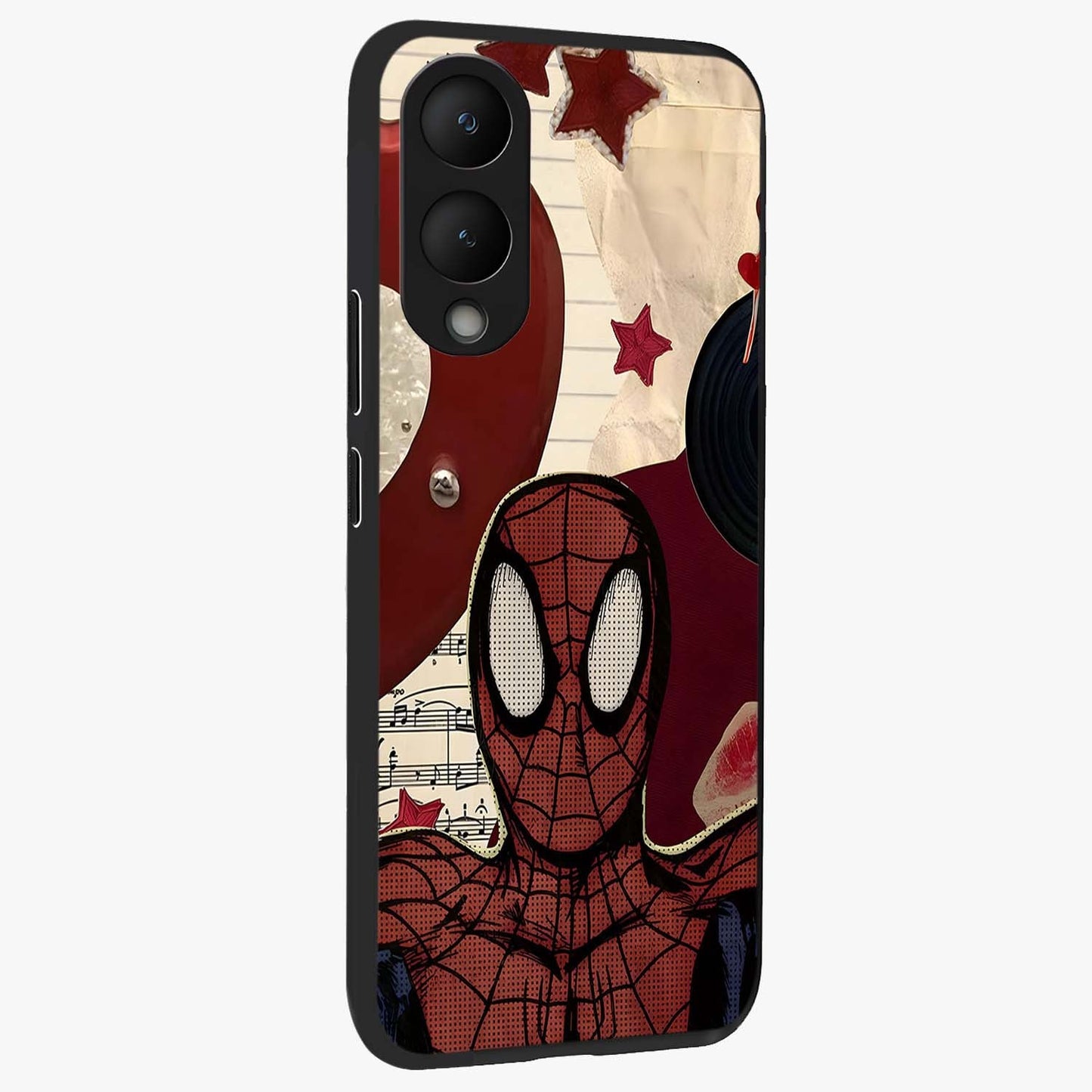 Web Warrior Vibes Glass Case upright view showcasing energetic superhero artwork with bold action theme.