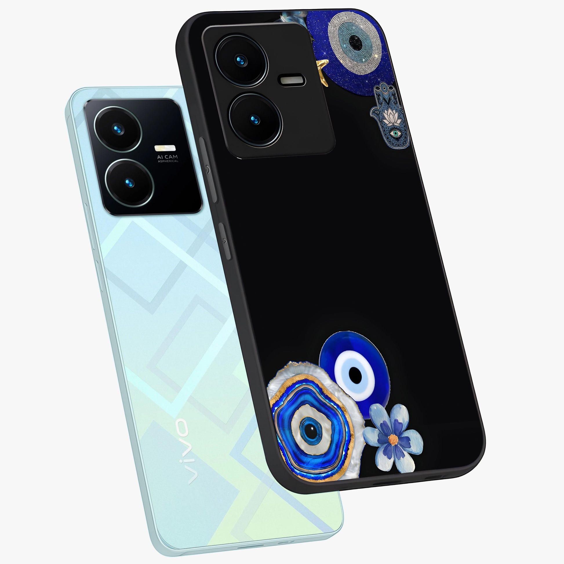 Aesthetic Blue Evil Eye Glass Case displayed in angled mockup highlighting blue evil eye symbol and spiritual aesthetic design.