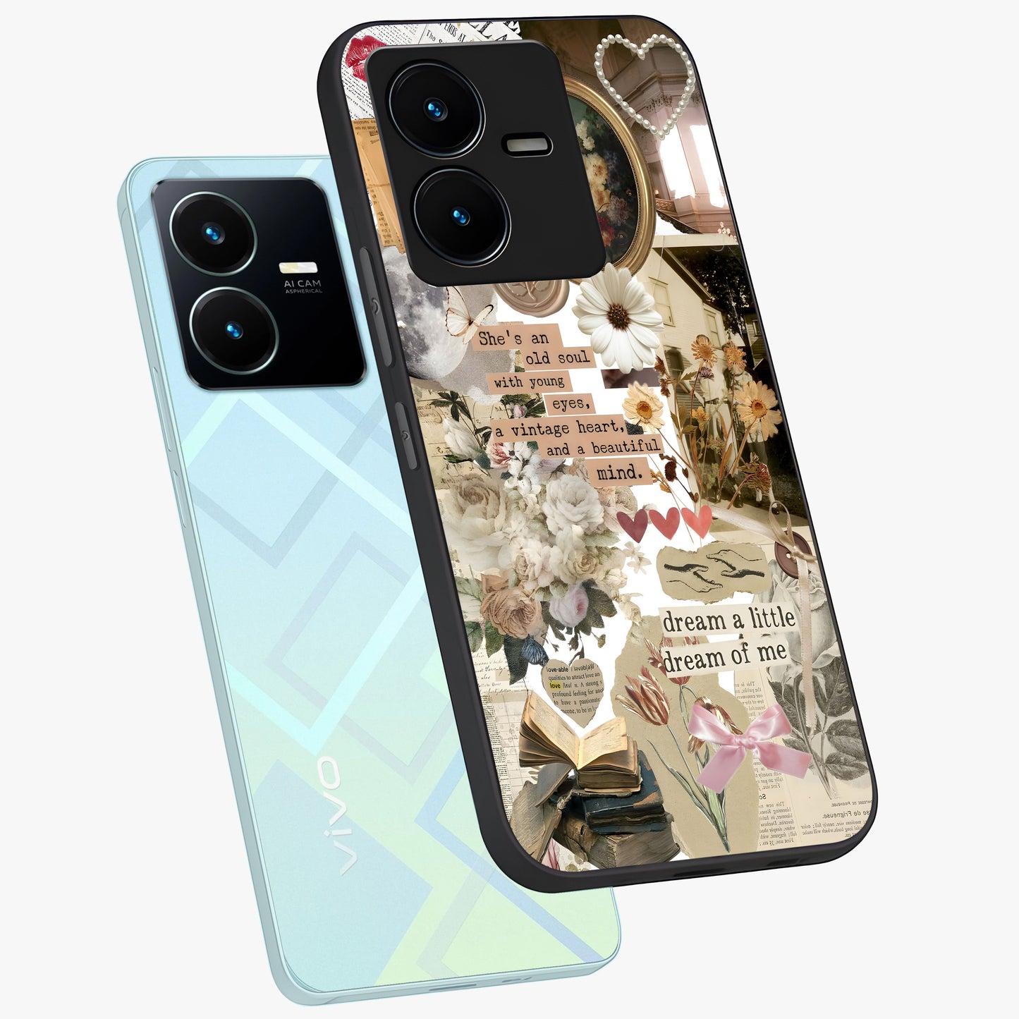 Aesthetic Brown Vintage Collage Glass Case displayed in angled mockup highlighting vintage aesthetic collage design.