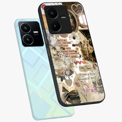 Aesthetic Brown Vintage Collage Glass Case displayed in angled mockup highlighting vintage aesthetic collage design.