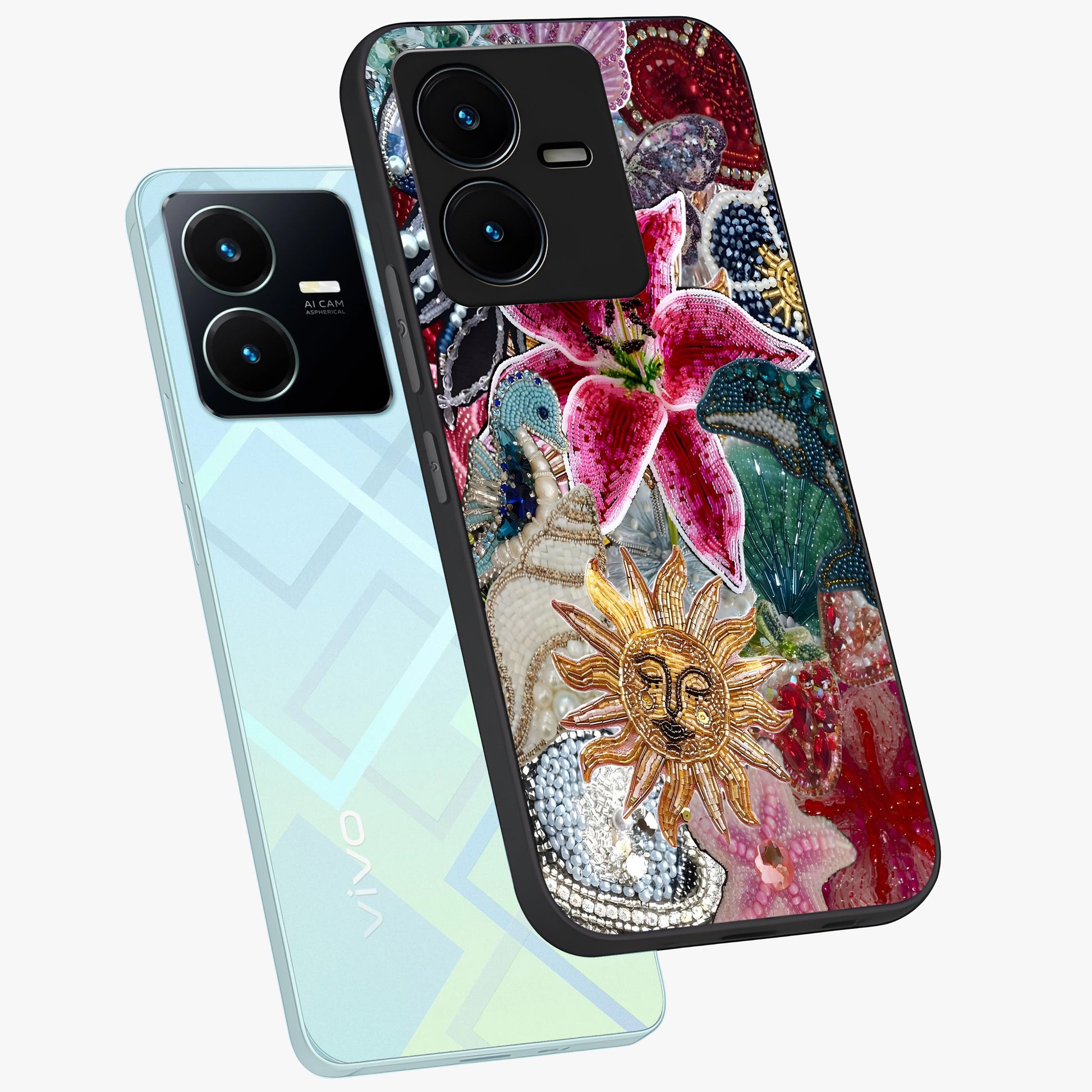 Beaded Garden Fantasy Glass Case displayed in angled mockup highlighting fantasy inspired floral bead pattern.