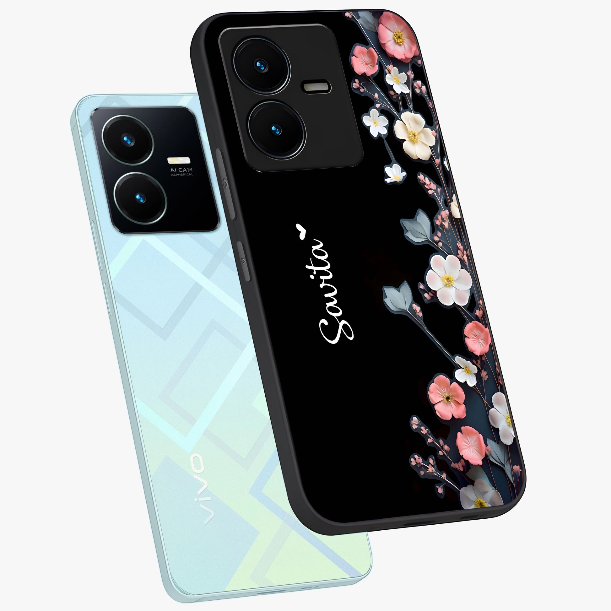 Black Elegance Floral Custom Name Glass Case displayed in angled mockup highlighting dark floral aesthetic and custom name feature.