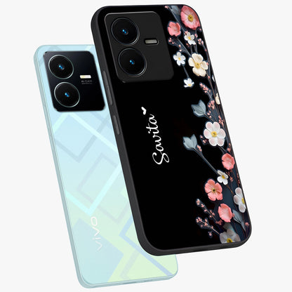 Black Elegance Floral Custom Name Glass Case displayed in angled mockup highlighting dark floral aesthetic and custom name feature.