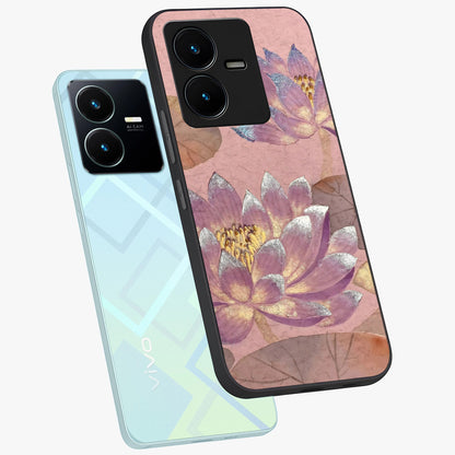 Blossom Mist Lotus Glass Case displayed in angled mockup highlighting delicate lotus illustration with calm aesthetic theme.
