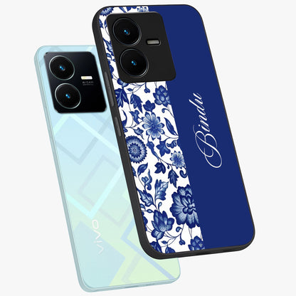 Blue Vintage Floral Pattern Glass Case displayed in angled mockup highlighting subtle bloom pattern with aesthetic pastel design.