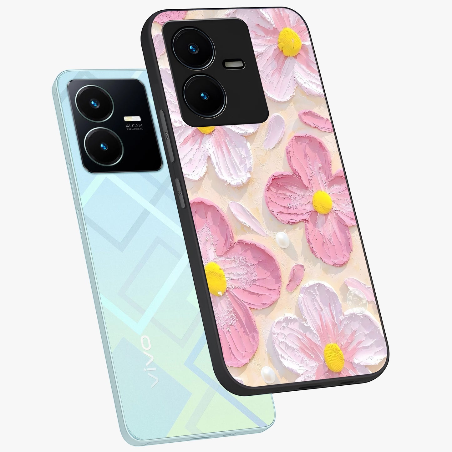 Blush Bloom Texture Glass Case displayed in angled mockup highlighting subtle bloom pattern with aesthetic pastel design.