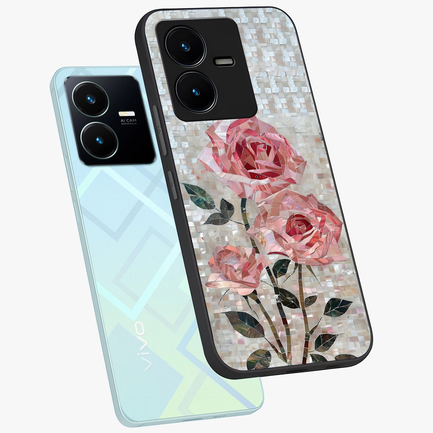 Blush Mosaic Bloom Glass Case displayed in angled mockup highlighting artistic mosaic flower pattern with aesthetic design.