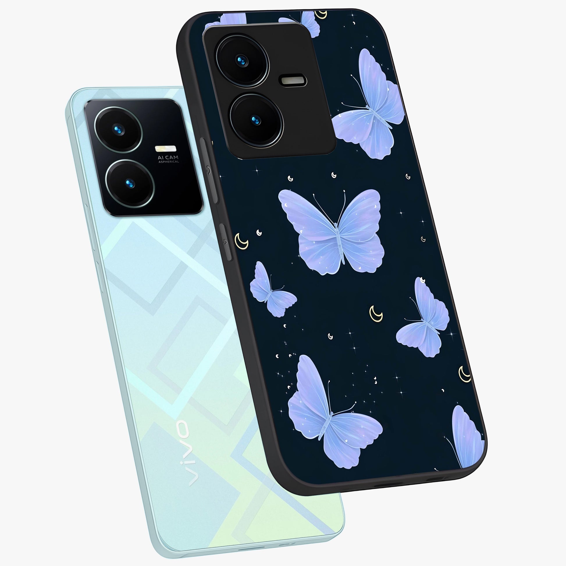 Butterfly With Stars Pattern Glass Case displayed in angled mockup highlighting dreamy butterfly and star design with aesthetic theme.