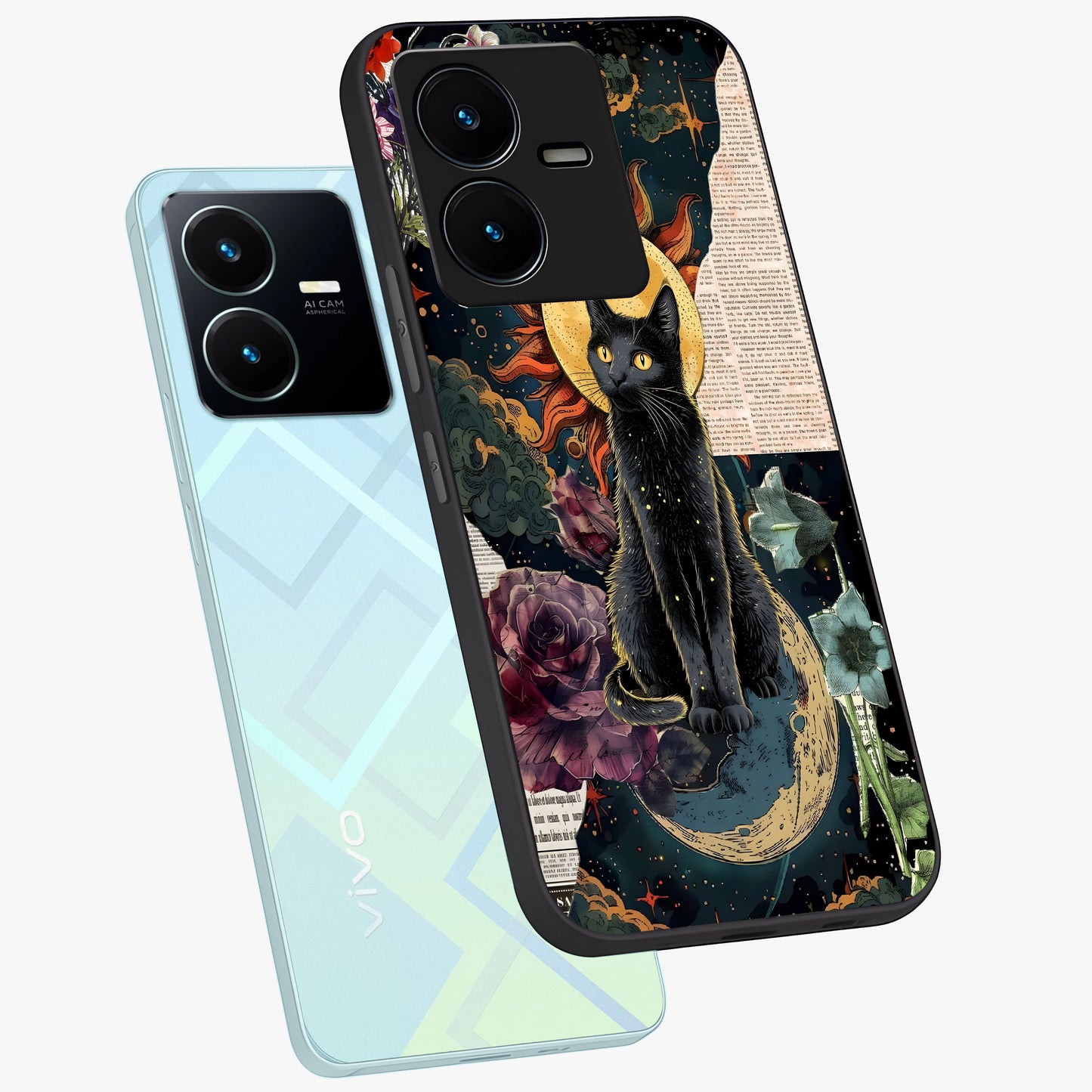Celestial Black Cat Glass Case displayed in angled mockup highlighting cosmic black cat design with celestial aesthetic.