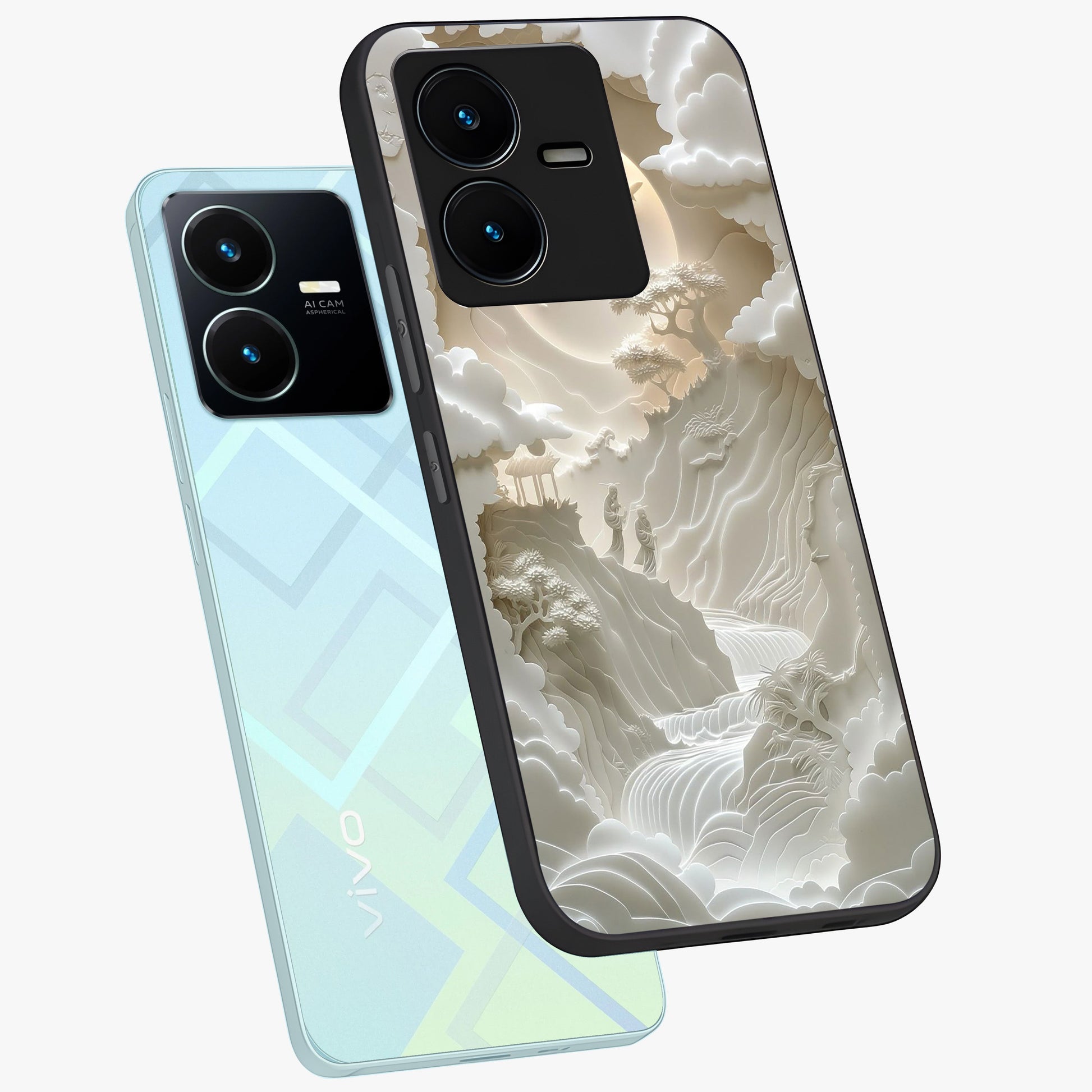 Celestial Origami Glass Case displayed in angled mockup highlighting geometric origami design with cosmic aesthetic theme.