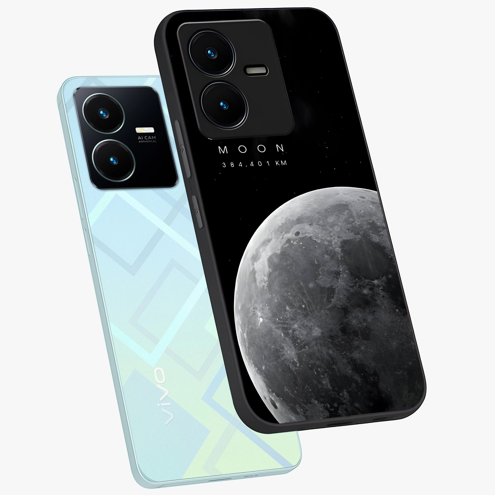 Cosmic Moon Glow Glass Case displayed in angled mockup highlighting celestial moon design with cosmic aesthetic theme.