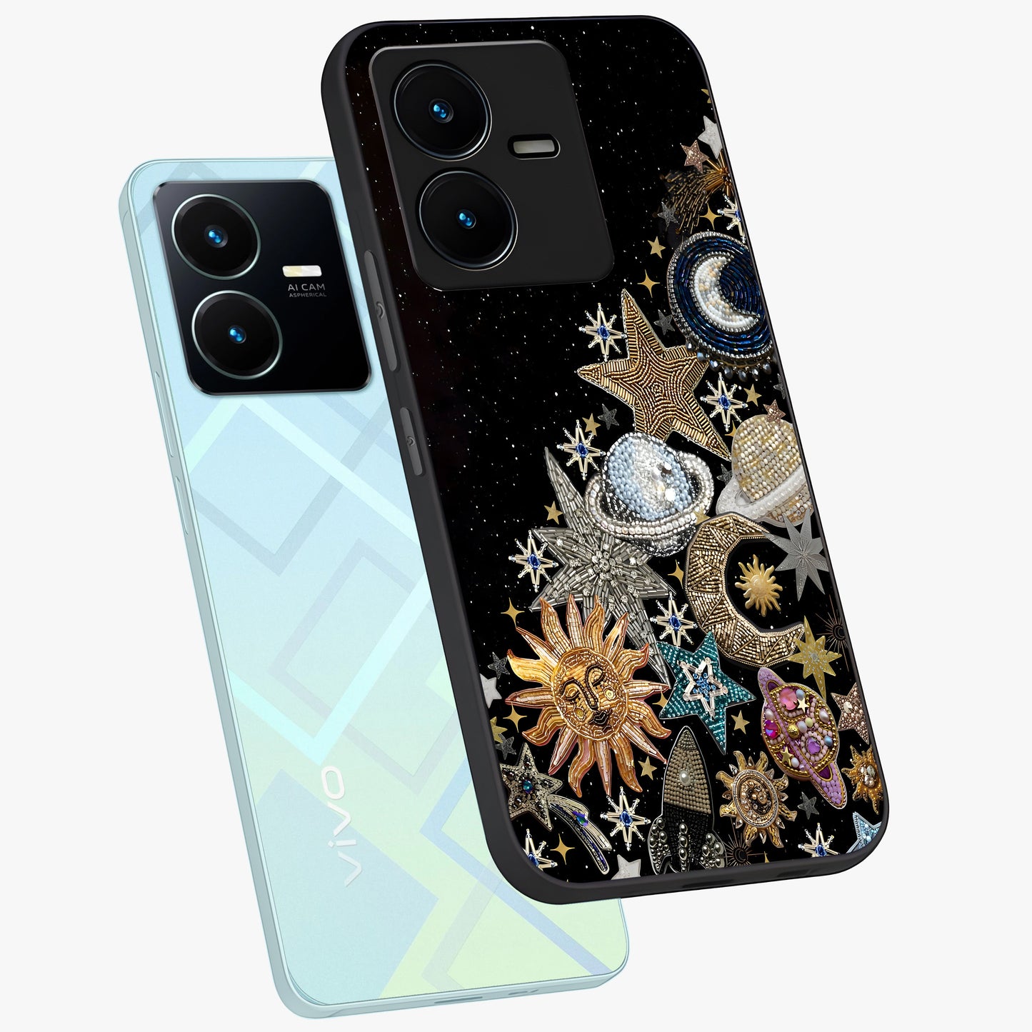 Cosmic Sparkle Dreams Glass Case displayed in angled mockup highlighting dreamy star sparkle design with celestial aesthetic.