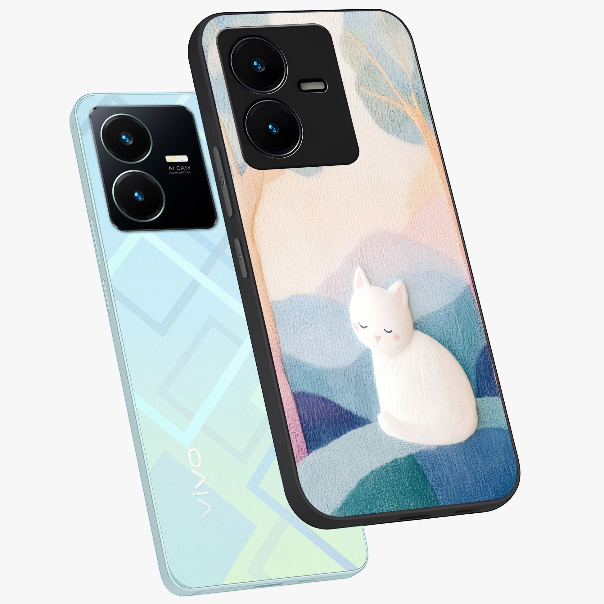 Cotton Dream Cat Glass Case displayed in angled mockup highlighting cute feline illustration with pastel aesthetic style.