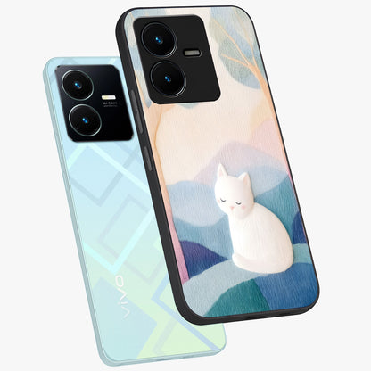 Cotton Dream Cat Glass Case displayed in angled mockup highlighting cute feline illustration with pastel aesthetic style.