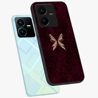 Crimson Fade Butterfly Glass Case displayed in angled mockup highlighting elegant butterfly design with crimson gradient aesthetic.
