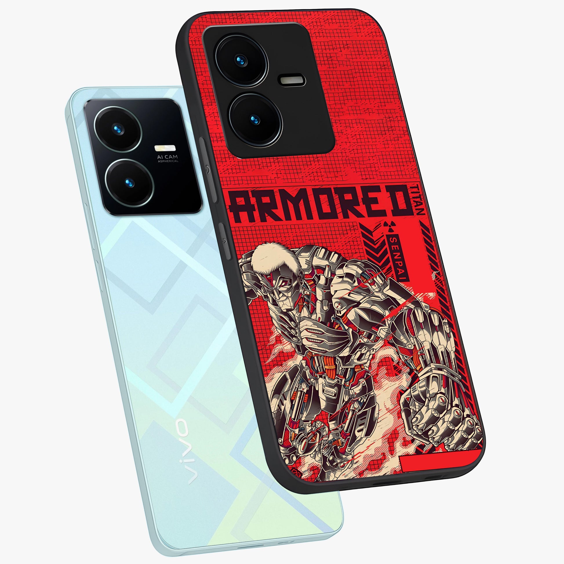 Crimson Mecha Titan Glass Case displayed in angled mockup highlighting futuristic mech illustration with bold crimson aesthetic.