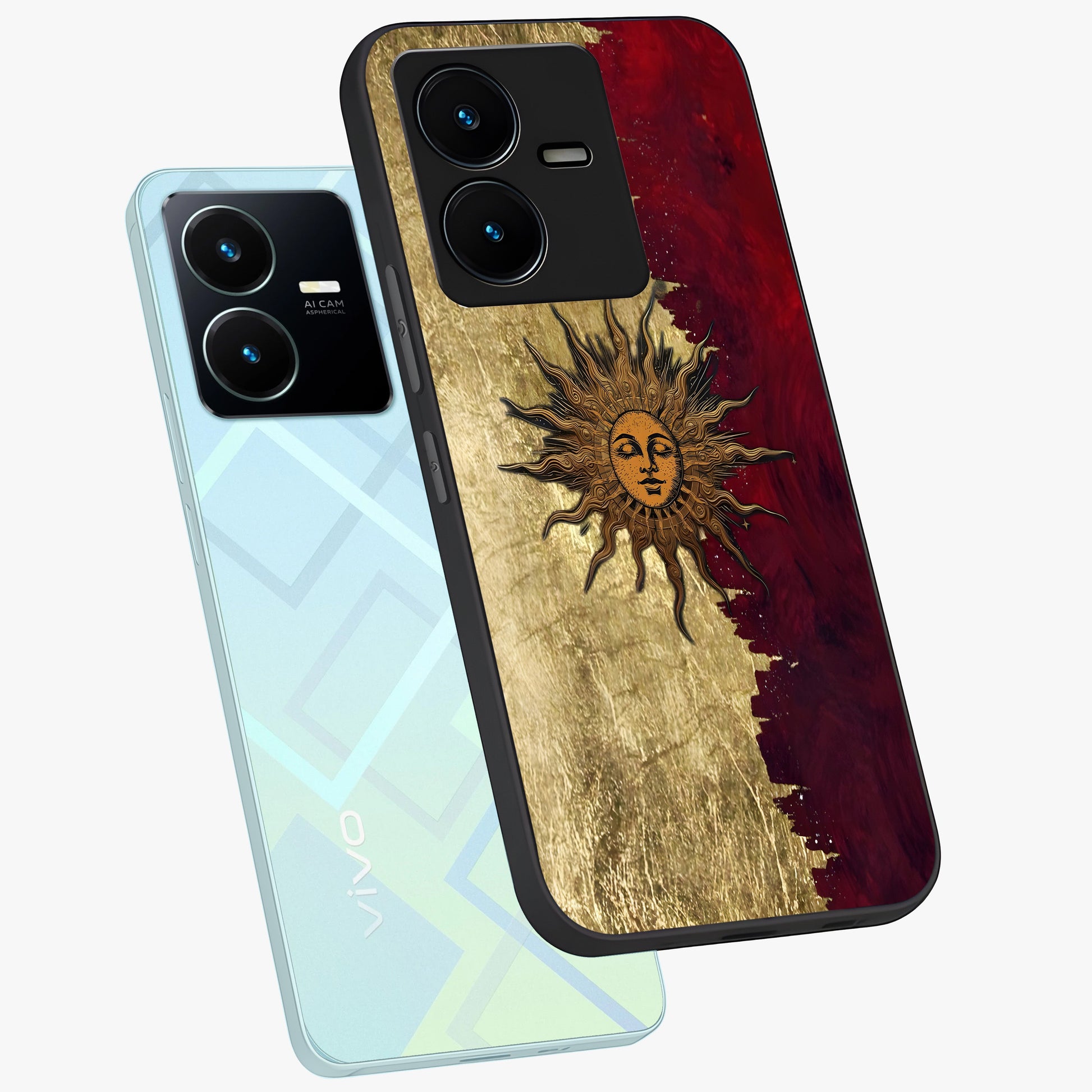 Crimson Sun Majesty Glass Case displayed in angled mockup highlighting majestic crimson sun design with bold aesthetic style.