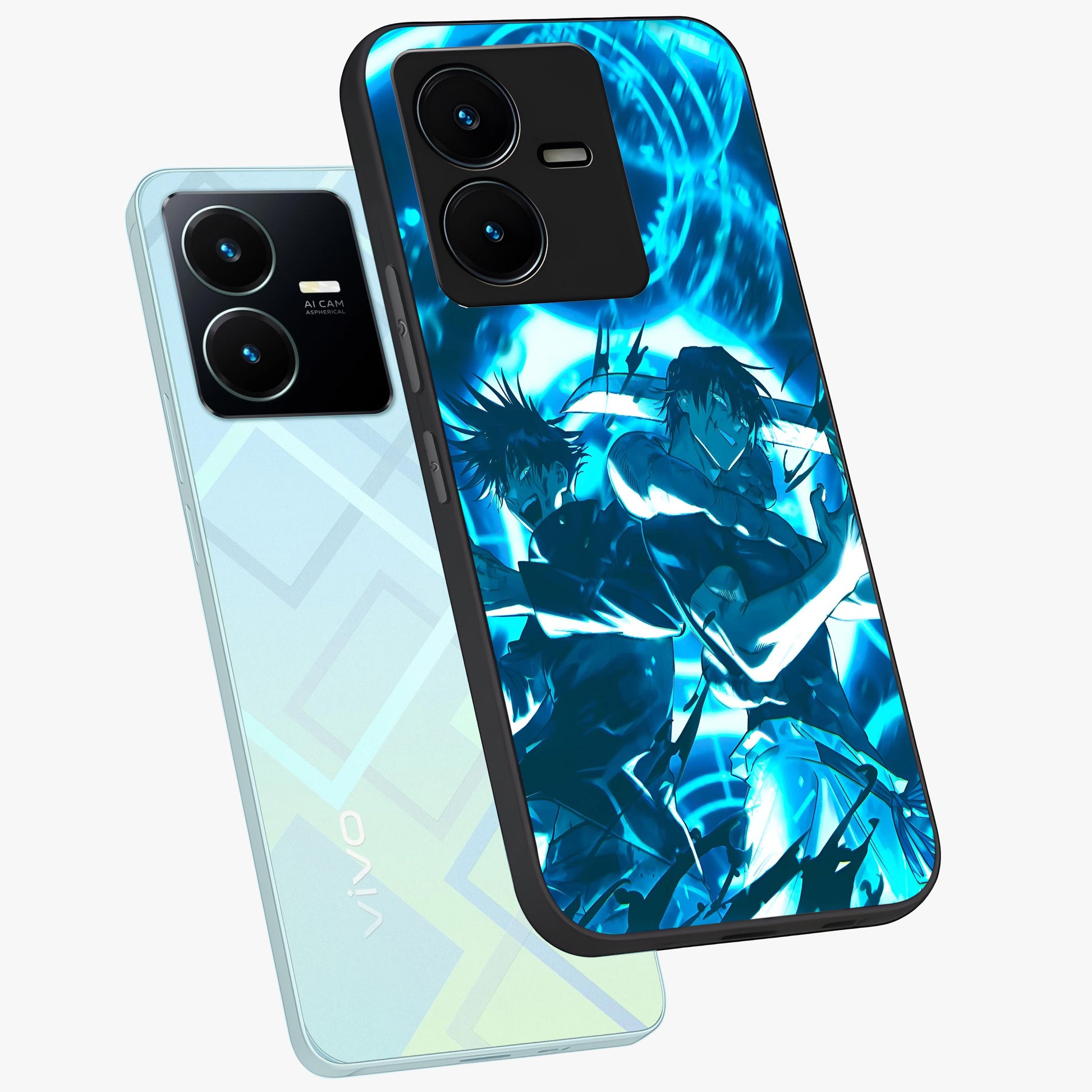 Cursed Energy Clash Glass Case displayed in angled mockup highlighting powerful battle inspired graphic with anime style aesthetic.
