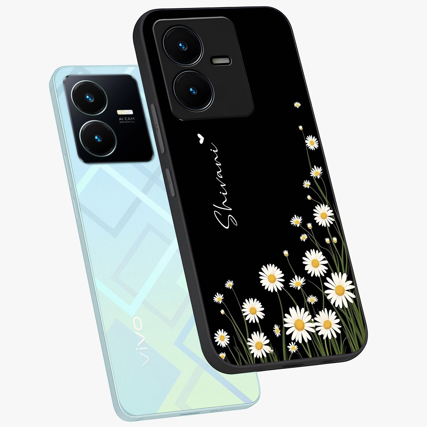 Daisy Cascade Custom Name Glass Case displayed in angled mockup highlighting delicate daisy artwork with custom name feature.