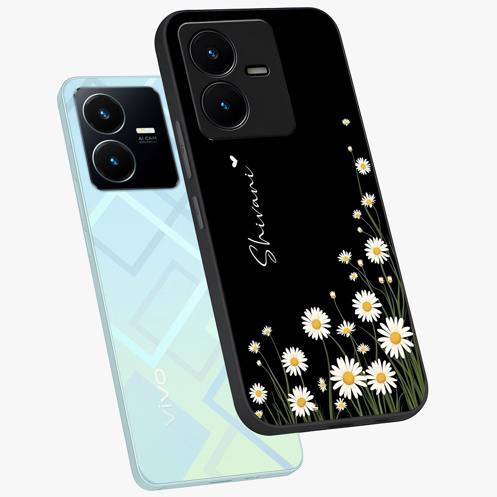 Daisy Cascade Custom Name Glass Case displayed in angled mockup highlighting delicate daisy artwork with custom name feature.