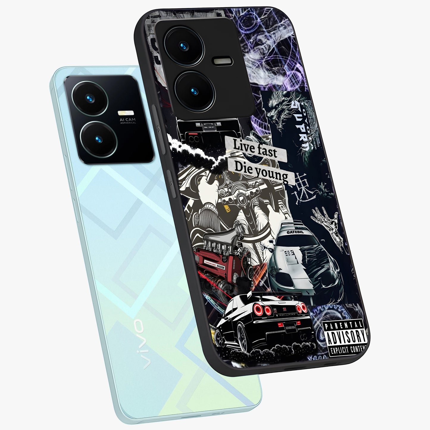 Die Young Glass Case displayed in angled mockup highlighting expressive graphic artwork with edgy aesthetic style.