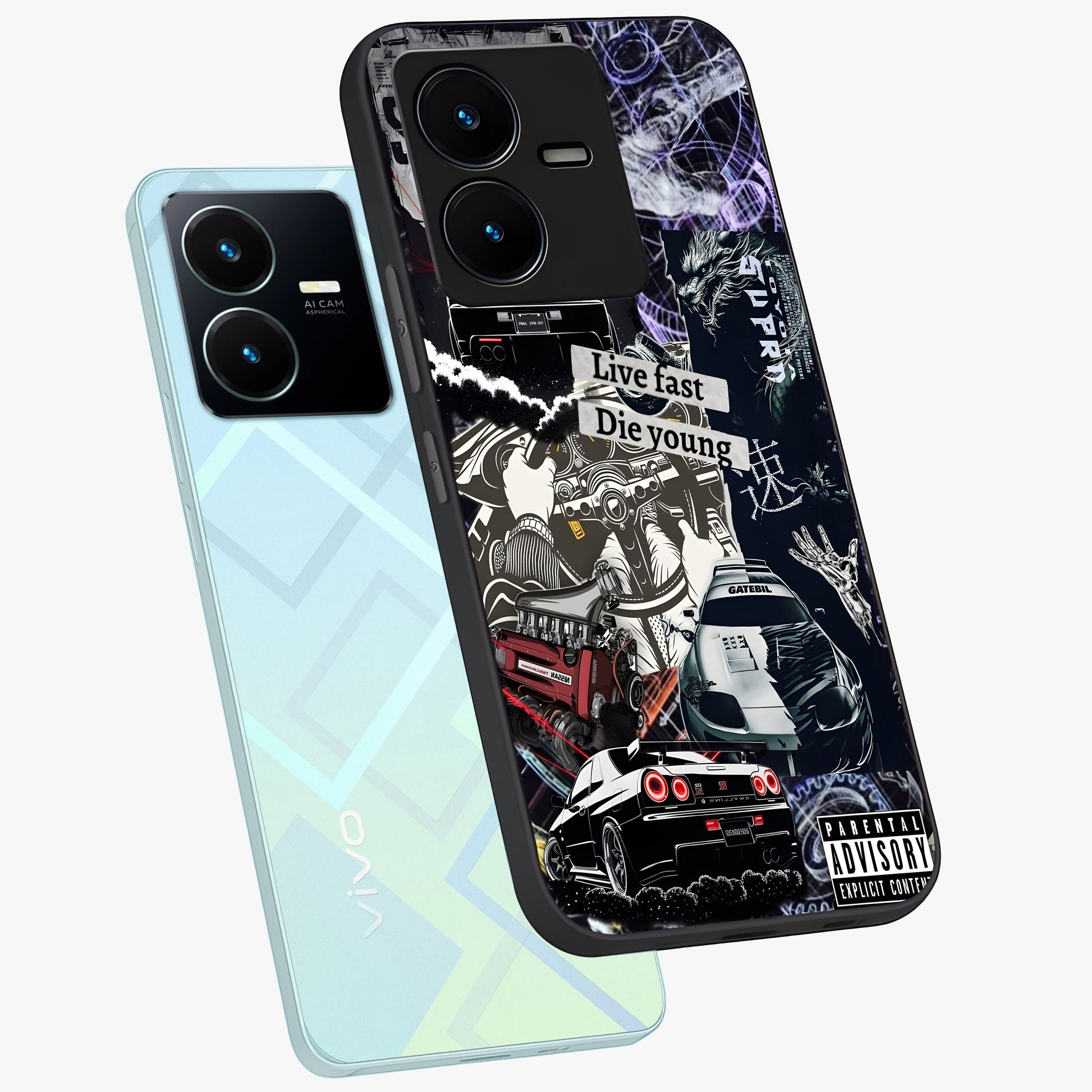 Die Young Glass Case displayed in angled mockup highlighting expressive graphic artwork with edgy aesthetic style.