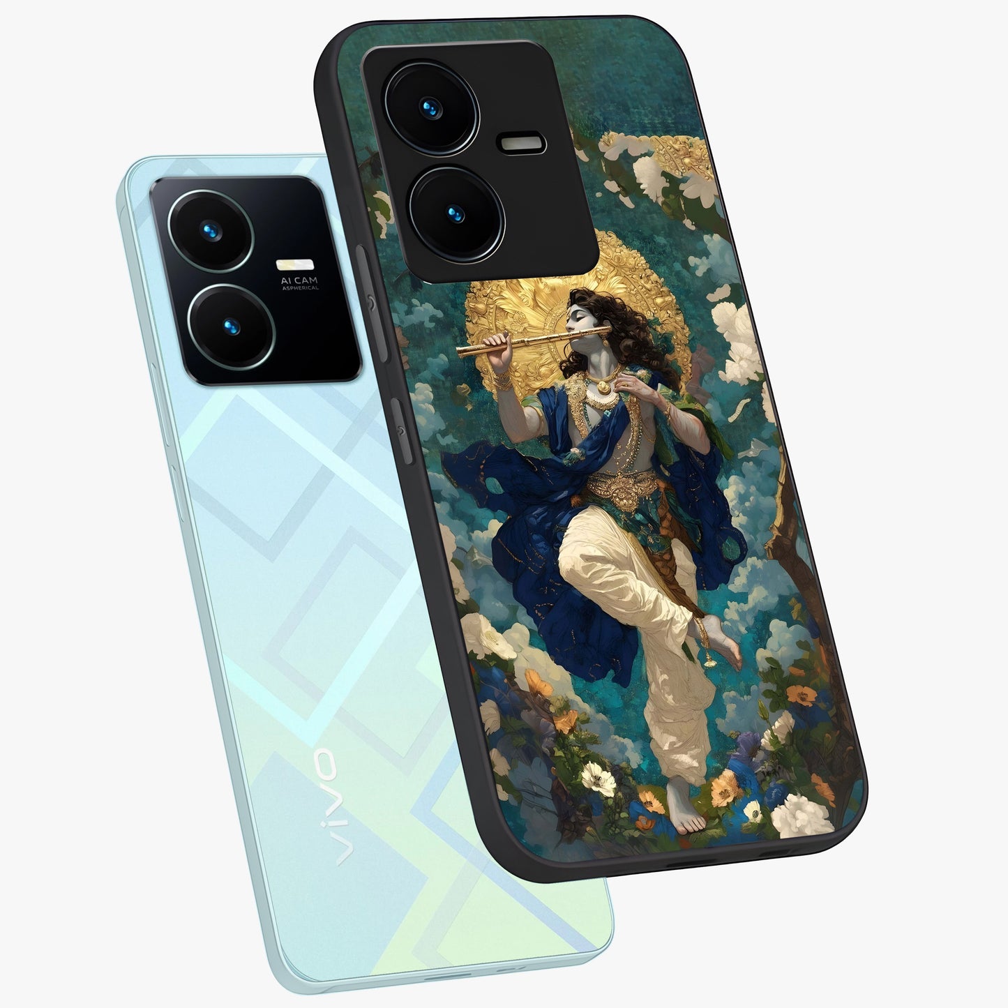 Divine Krishna Art Glass Case displayed in angled mockup highlighting spiritual Krishna illustration with devotional aesthetic.