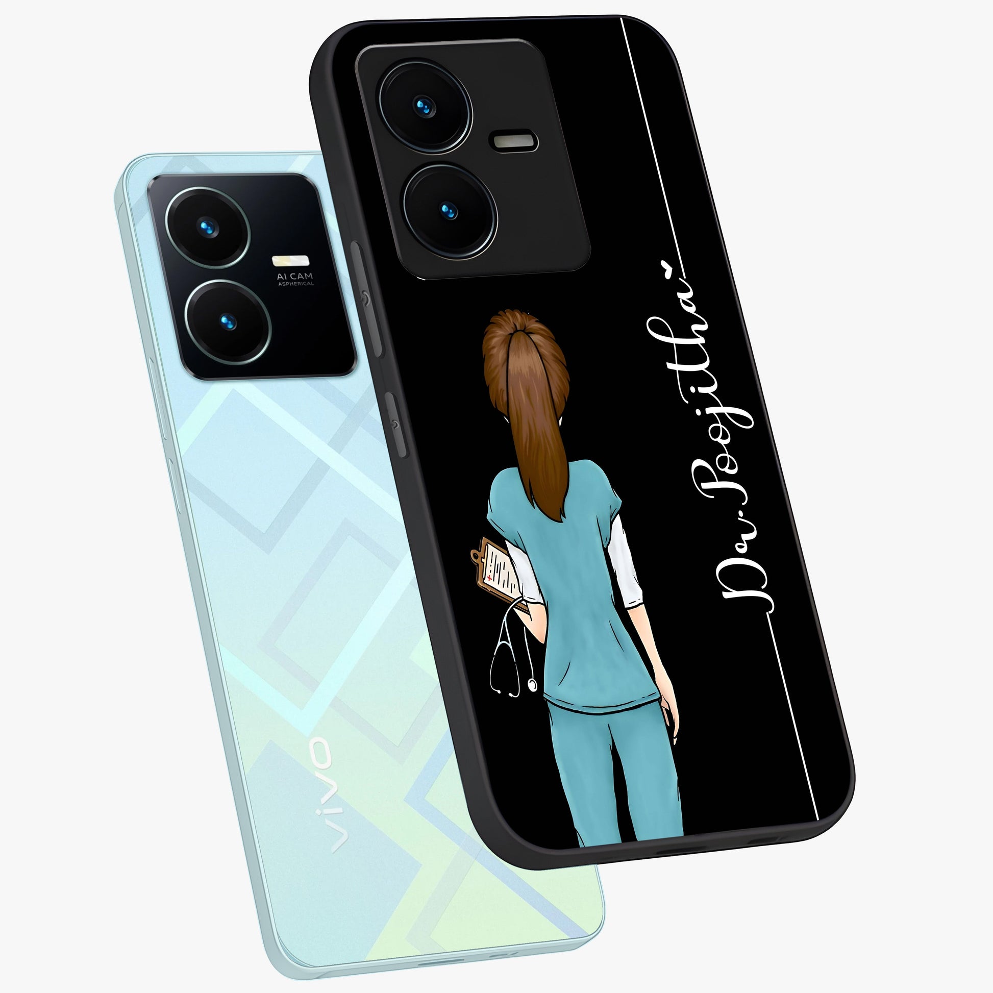 Doctor Pattern Custom Name Glass Case displayed in angled mockup highlighting doctor inspired artwork with custom name feature.