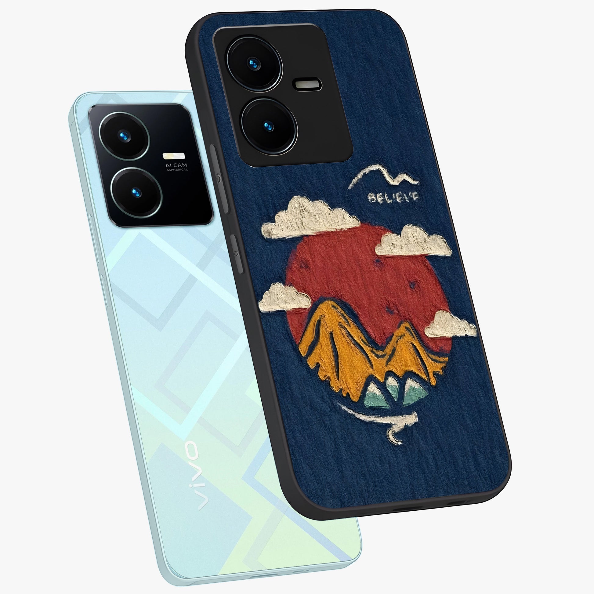 Dream Beyond Mountains Glass Case displayed in angled mockup highlighting dreamy mountain illustration with peaceful aesthetic.