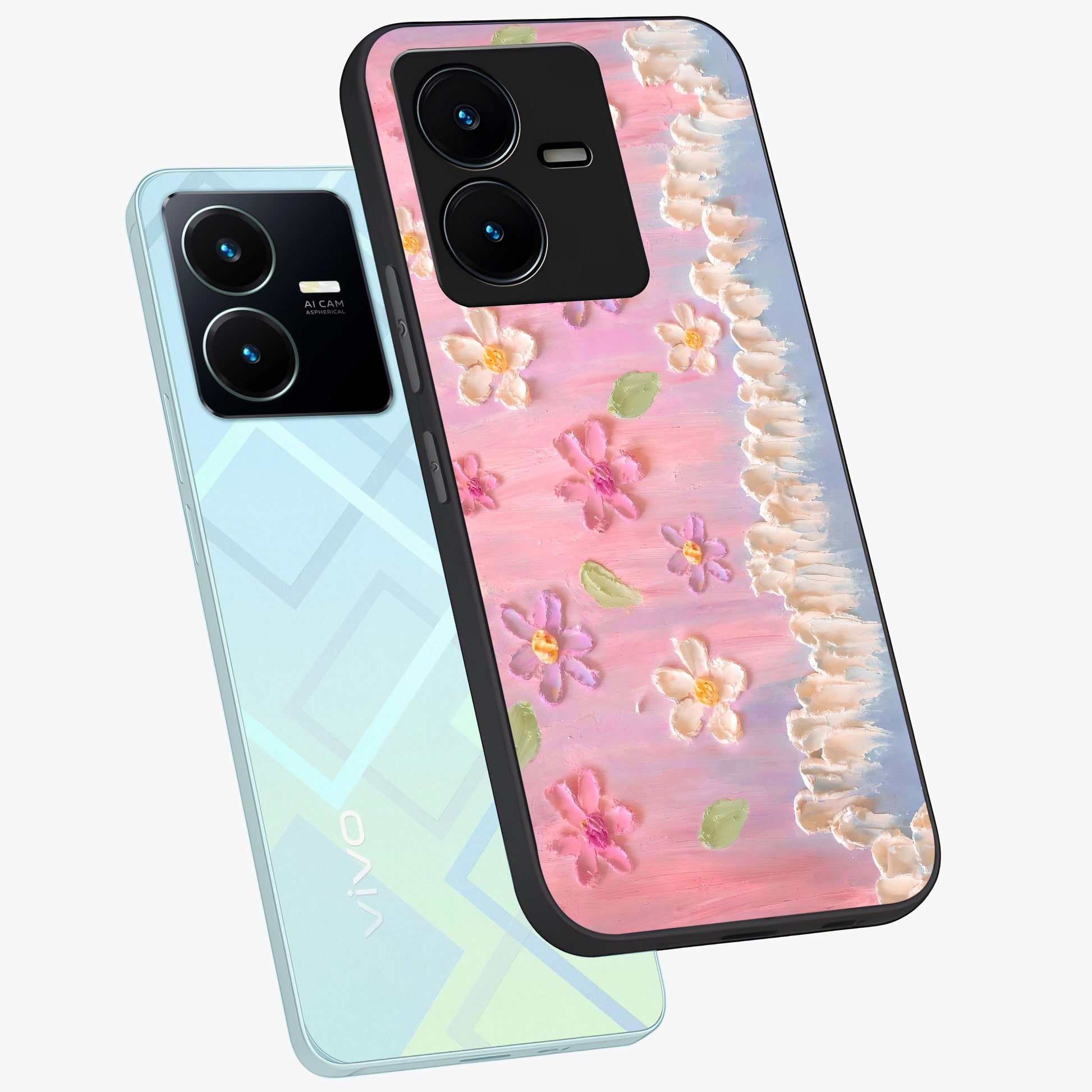 Dreamy Painted Garden Glass Case displayed in angled mockup highlighting colorful garden illustration with dreamy aesthetic style.
