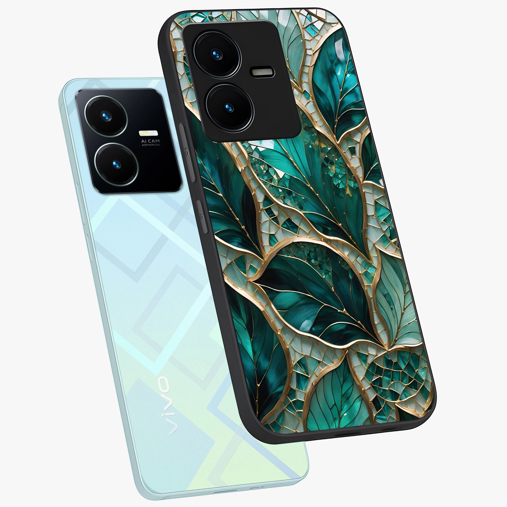 Emerald Leaf Glass Glass Case displayed in angled mockup highlighting botanical leaf illustration with elegant natural aesthetic.